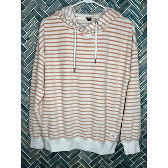 Roxy Tops - ROXY WOMENS PEACH WHITE STRIPED XS VELOUR PULLOVER HOODIE HOODED SOFT SWEATSHIRT